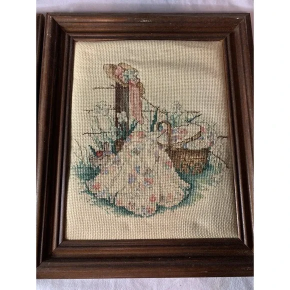 2 Beautiful Finished & Framed Cross Stitch Pictures 80's Granny Core Vintage - Picture 3 of 8